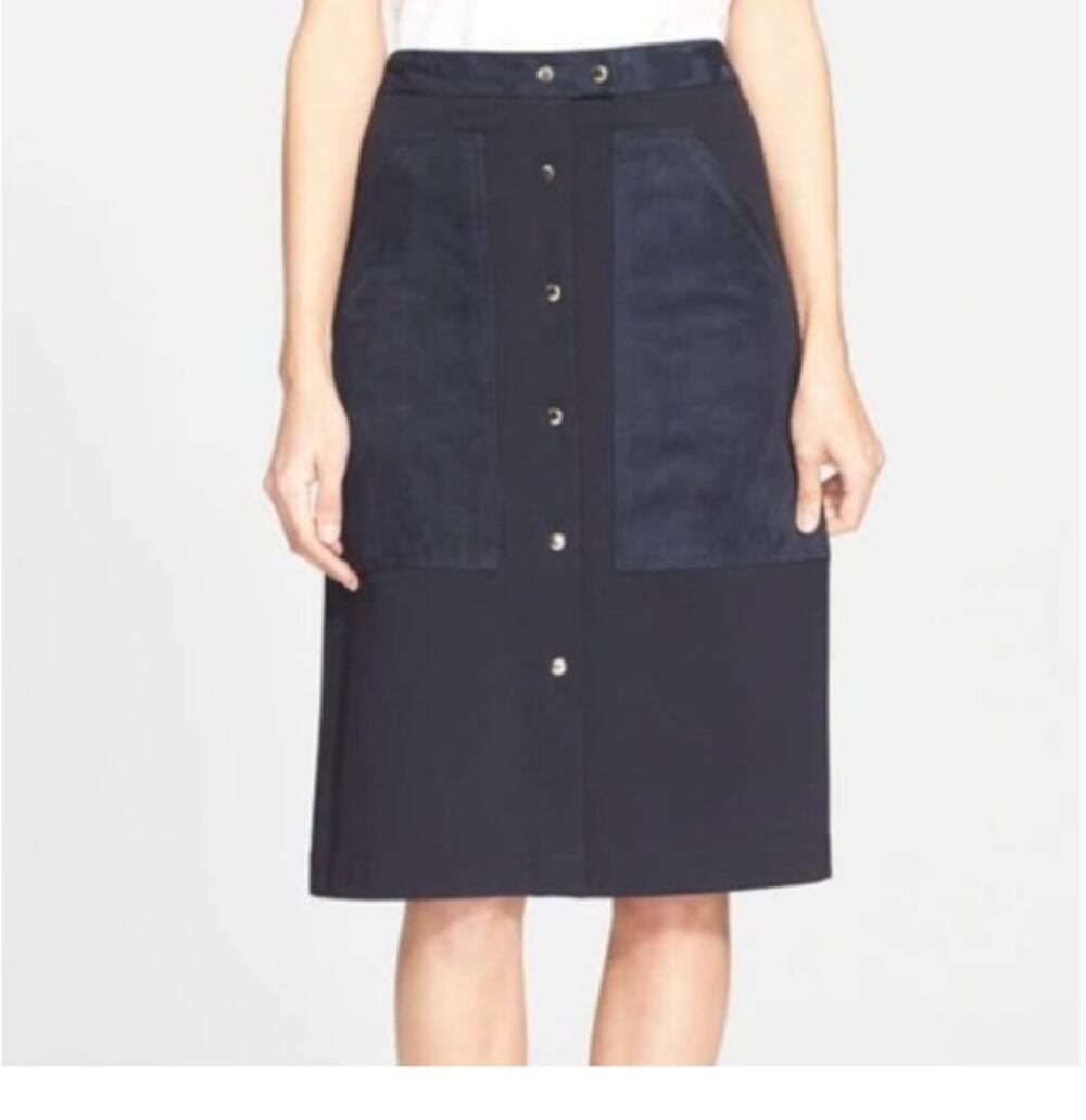 Theory Sz 6 Slyn Fixture Button Front Midi Skirt Navy Suede Combo Patch Pockets